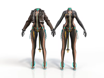 Two Futuristic Sci Fi Characters In Black Bodysuits With Leather Jackets And Green Accents 3d model