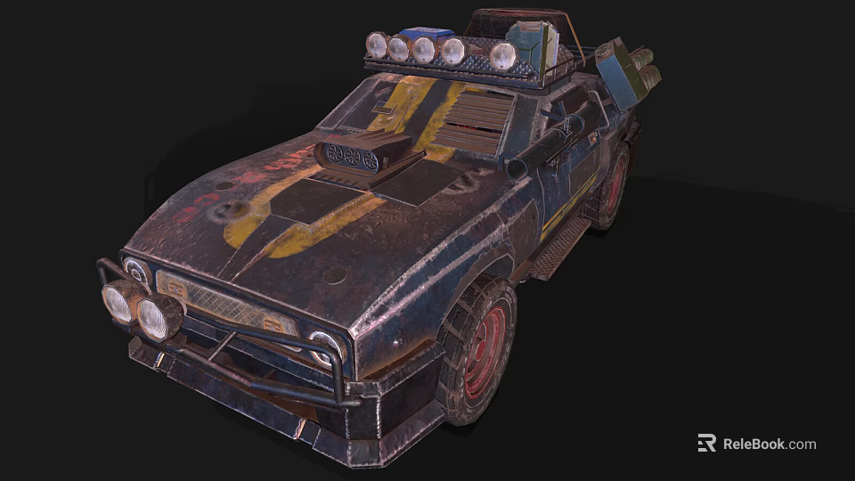 Weathered Modified Car With Yellow Black Accents And Roof Lights 3d model 