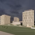 Modern Office Building Complex With Overcast Sky And Sunlight Breaking Through Clouds 3d model