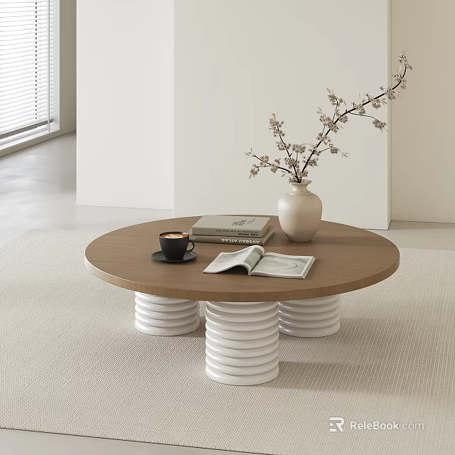 Modern Round Wooden Coffee Table with White Spiral Bases and Decorative Vase Coffee Cup Magazine 3d model 