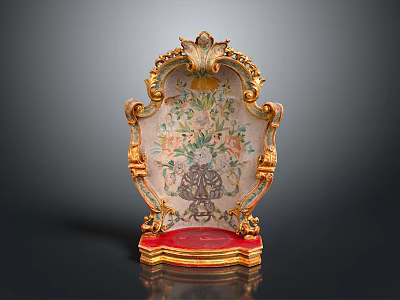 Ornate Decorative Screen With Golden Carved Frame And Floral Painted Glass Panel 3d model