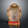 Ornate Decorative Screen With Golden Carved Frame And Floral Painted Glass Panel