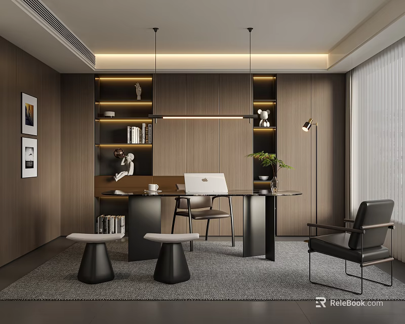 Modern Study Room Interior With Wooden Walls Lit Bookshelves Desk Laptop Potted Plant And Chair 3d model 
