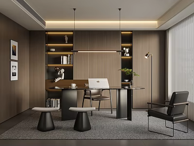 Modern Study Room Interior With Wooden Walls Lit Bookshelves Desk Laptop Potted Plant And Chair 3d model