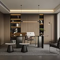 Modern Study Room Interior With Wooden Walls Lit Bookshelves Desk Laptop Potted Plant And Chair