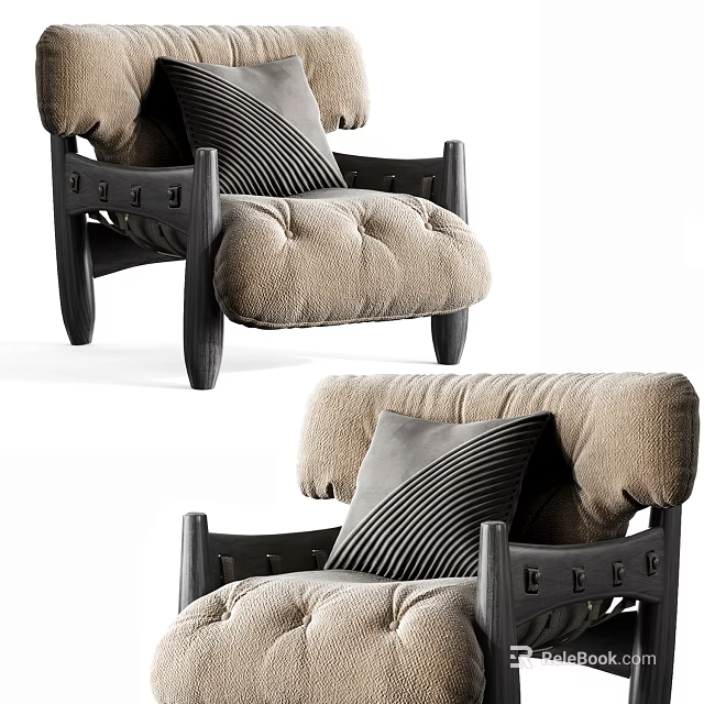 Modern Tufted Accent Chair With Beige Fabric Dark Frame And Striped Cushion 3d model 