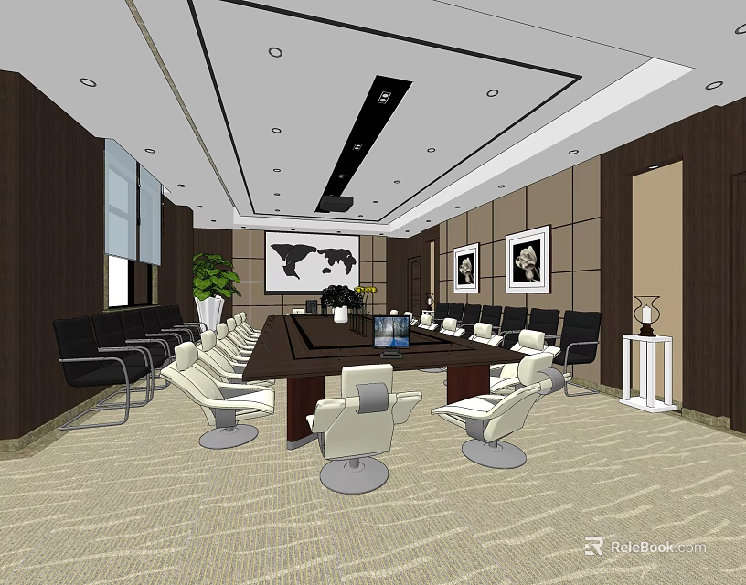 Modern Conference Room With Long Table Chairs Wall Decor Green Plant And Carpeted Floor 3d model 