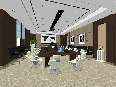 Modern Conference Room With Long Table Chairs Wall Decor Green Plant And Carpeted Floor 3d model