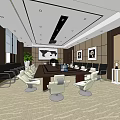 Modern Conference Room With Long Table Chairs Wall Decor Green Plant And Carpeted Floor