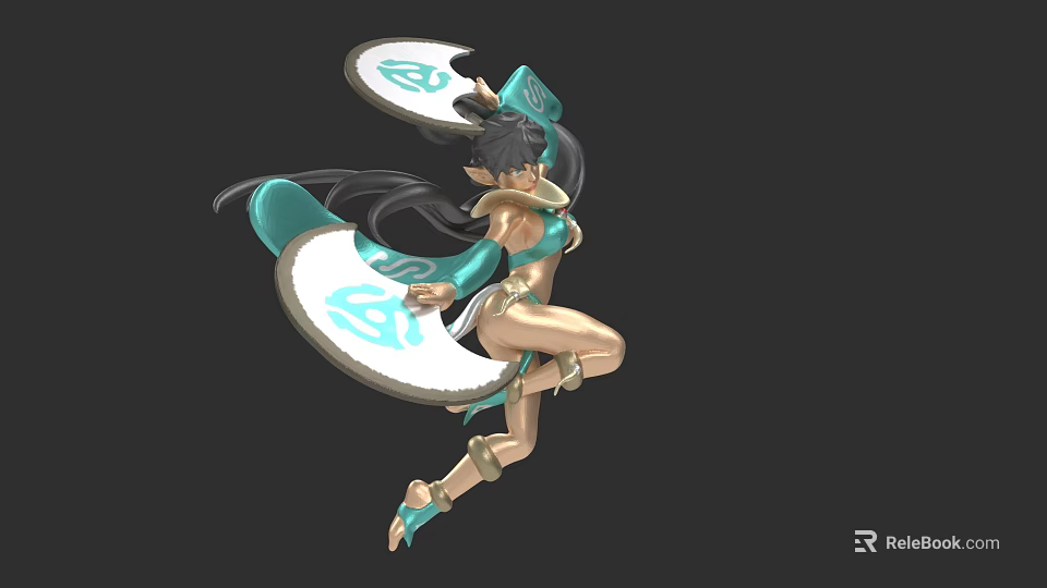3D Female Character Model With Turquoise Outfit Flowing Cape And Elf Ears In Dynamic Pose 3d model 