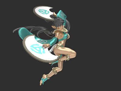 3D Female Character Model With Turquoise Outfit Flowing Cape And Elf Ears In Dynamic Pose 3d model