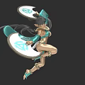 3D Female Character Model With Turquoise Outfit Flowing Cape And Elf Ears In Dynamic Pose