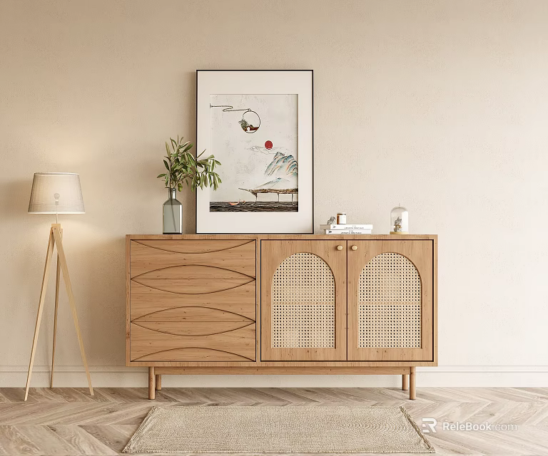 Minimalist Wooden Sideboard With Rattan Doors Decorative Items And Floor Lamp Against Beige Wall 3d model 