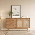 Minimalist Wooden Sideboard With Rattan Doors Decorative Items And Floor Lamp Against Beige Wall