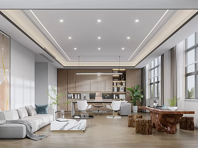 Modern Office Interior Design With Open Layout Sofa Plants And Wooden Desk 3d model