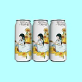 Three Refreshing Beverage Cans with Female Illustration and Yellow Flowers on Light Blue Background