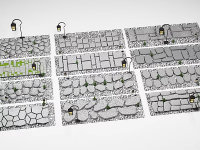 Road Pavement Design With Various Stone Slab Patterns And Street Lamps 3d model