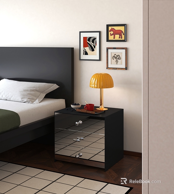 Black Bedroom Nightstand With Yellow Lamp Tray Drawers And Wall Art Decor 3d model 