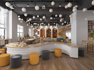 Kindergarten Interior With Curved Counter Yellow Gray Stools Spherical Pendant Lights Bookshelves Windows 3d model