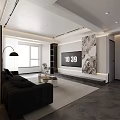 Modern Living and Dining Area With Black Sofa Beige Rug And Abstract Artwork