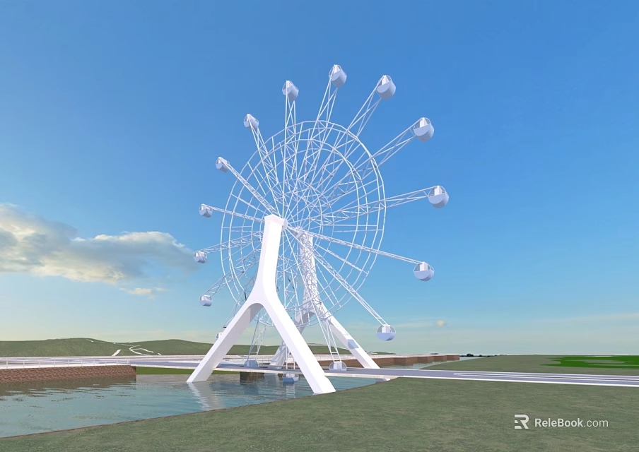 White Ferris Wheel With Glass Cabins Over Water And Green Grass Under Blue Sky 3d model 