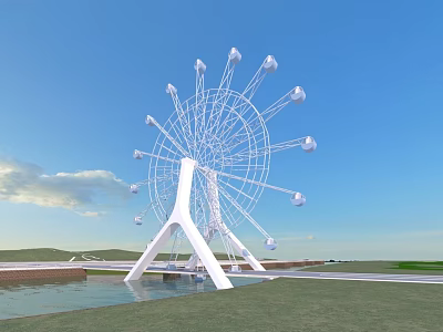 White Ferris Wheel With Glass Cabins Over Water And Green Grass Under Blue Sky 3d model