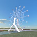 White Ferris Wheel With Glass Cabins Over Water And Green Grass Under Blue Sky