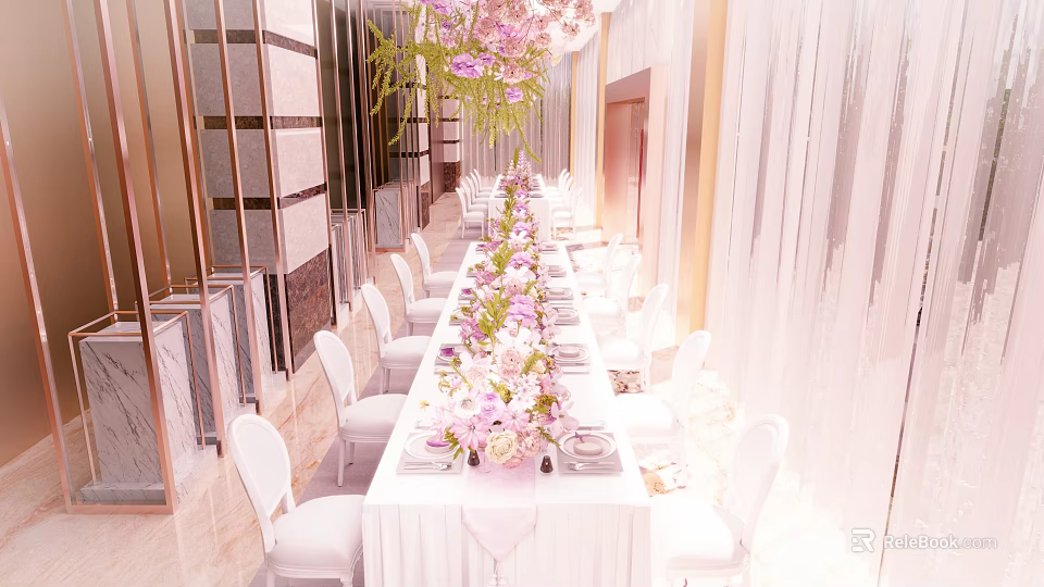Elegant Banquet Hall Decoration With Long Dining Table White Chairs And Pink Floral Arrangements 3d model 