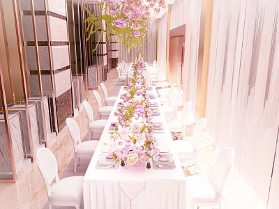 Elegant Banquet Hall Decoration With Long Dining Table White Chairs And Pink Floral Arrangements 3d model