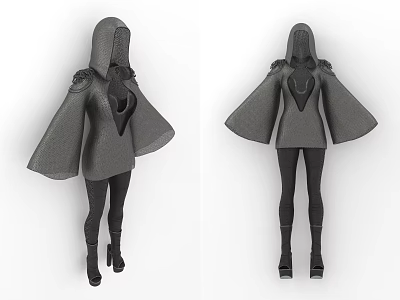 Hooded Cape Fashion Design With Bell Sleeves Tight Pants And High Heels 3d model