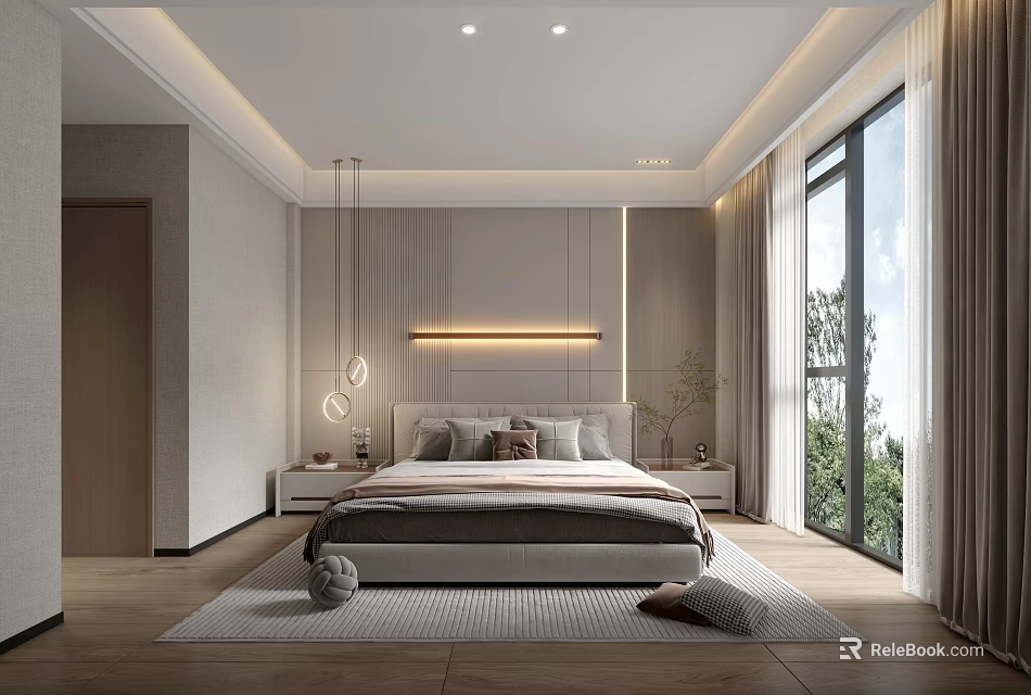 Modern Bedroom Interior With Comfortable Bed Headboard Wall Bedside Tables And Large Windows 3d model 