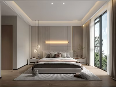 Modern Bedroom Interior With Comfortable Bed Headboard Wall Bedside Tables And Large Windows 3d model