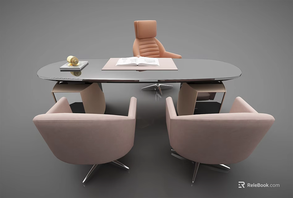 Modern Oval Office Desk with Light Pink Chairs Open Book and Golden Decor 3d model 