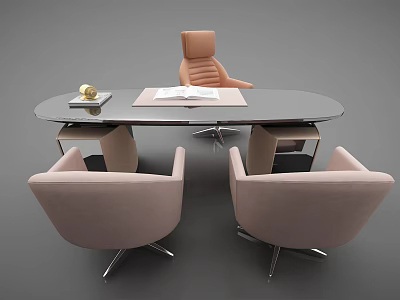 Modern Oval Office Desk with Light Pink Chairs Open Book and Golden Decor 3d model