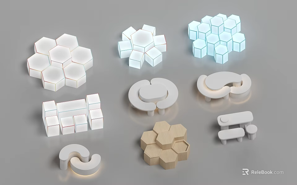 Display Shelves with Modern Geometric Shapes Hexagonal Cubic Circular and Curved Designs 3d model 