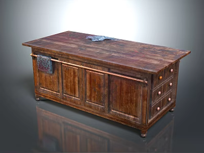 Rustic Wooden Table With Long Surface Vintage Design Drawers And Decorative Items On Top 3d model