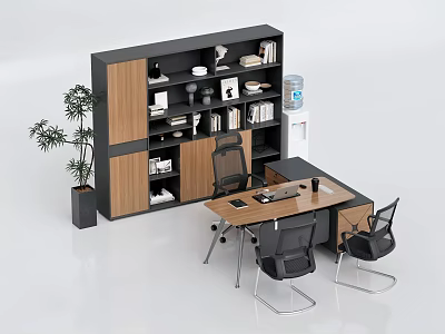 Modern Wooden Office Desk With Bookcase Books Decorative Items Black Chairs And Potted Plant 3d model