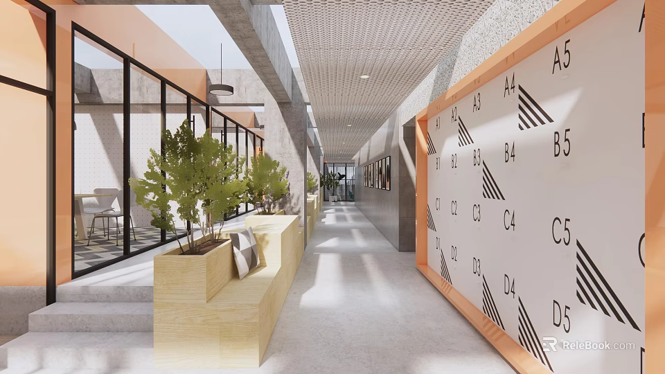 Modern Office Corridor Interior With Green Plants Wall Signage And Natural Light 3d model 
