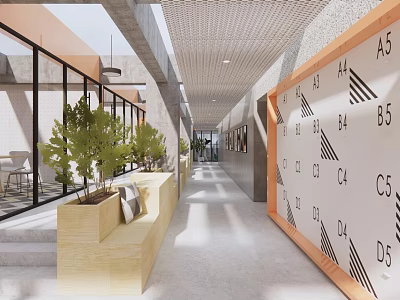 Modern Office Corridor Interior With Green Plants Wall Signage And Natural Light 3d model