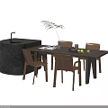 Wooden Dining Table Set with Beige Chairs Circular Stone Basin Potted Plant and Fruits