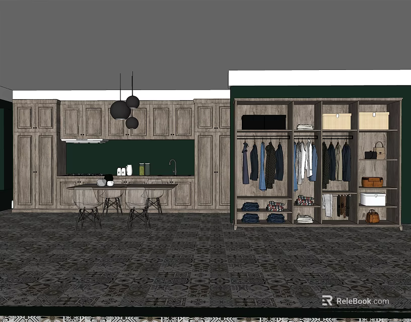 Modern Wooden Wardrobe Design With Hanging Clothes Drawers And Storage Shelves 3d model 