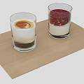 Layered Desserts in Two Glasses on Wooden Tray with Cream and Berries