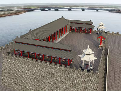 Traditional Ancient Chinese Architecture With Red Pillars Open Courtyard And River View Stone Bridge 3d model