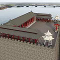 Traditional Ancient Chinese Architecture With Red Pillars Open Courtyard And River View Stone Bridge