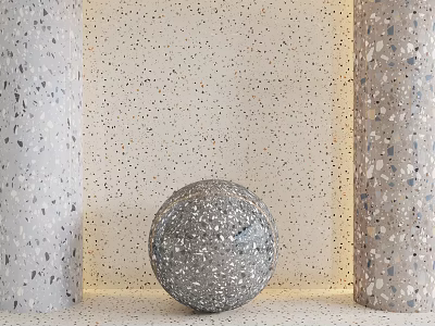 Natural Stone And Wood Interior With Terrazzo Columns Sphere And Textured Wall 3d model
