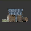 Rustic Storage Furniture With Wooden Crates Barrels And Blue Tent Near Stone Pile