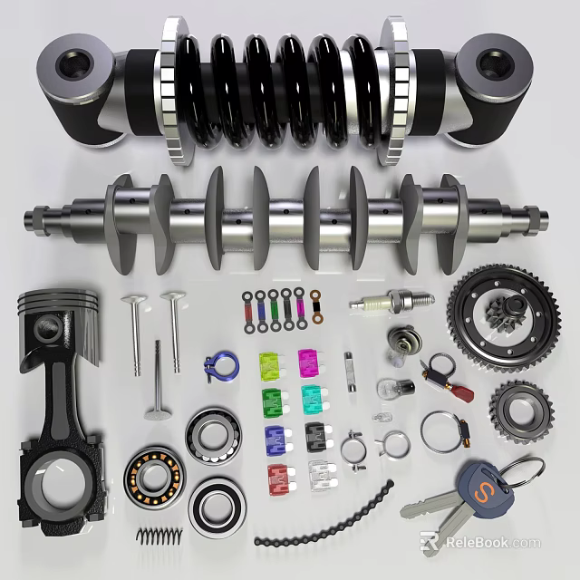 Various Automotive Engine Parts Including Crankshaft Piston Bearings And Gears 3d model 