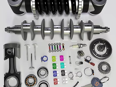 Various Automotive Engine Parts Including Crankshaft Piston Bearings And Gears 3d model