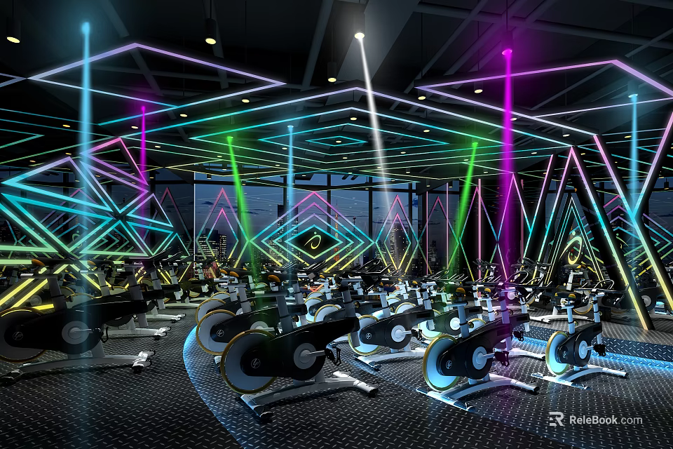 Neon Lit Fitness Studio With Spin Bikes And Geometric Light Patterns 3d model