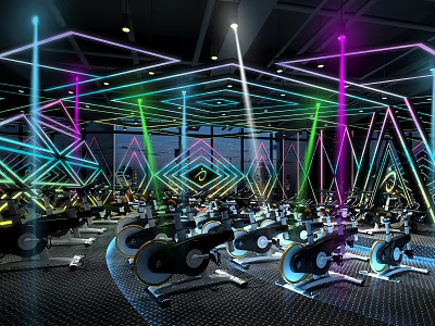 Neon Lit Fitness Studio With Spin Bikes And Geometric Light Patterns 3d model